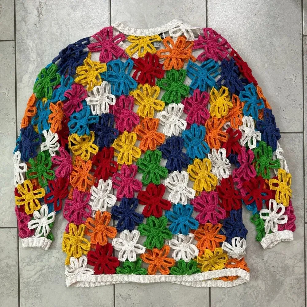 VINTAGE 80s Floral Crochet Mesh Handknit Unique Sweater Size XL Multicolor RARE